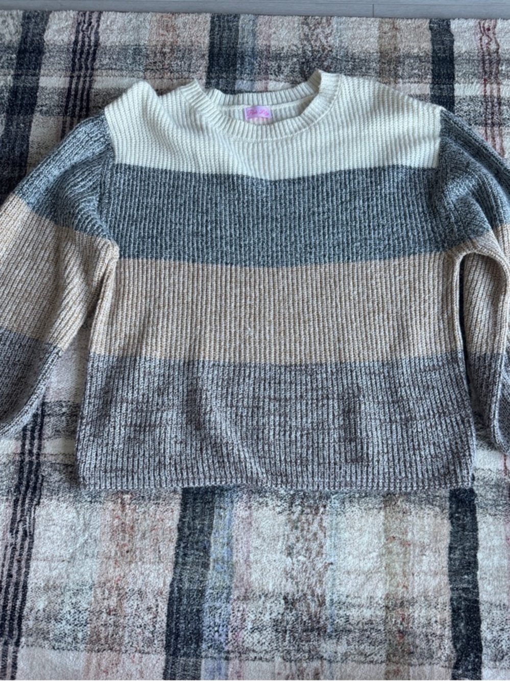 Pink Lily Striped Crewneck Sweater in Cream, Gray, Tan